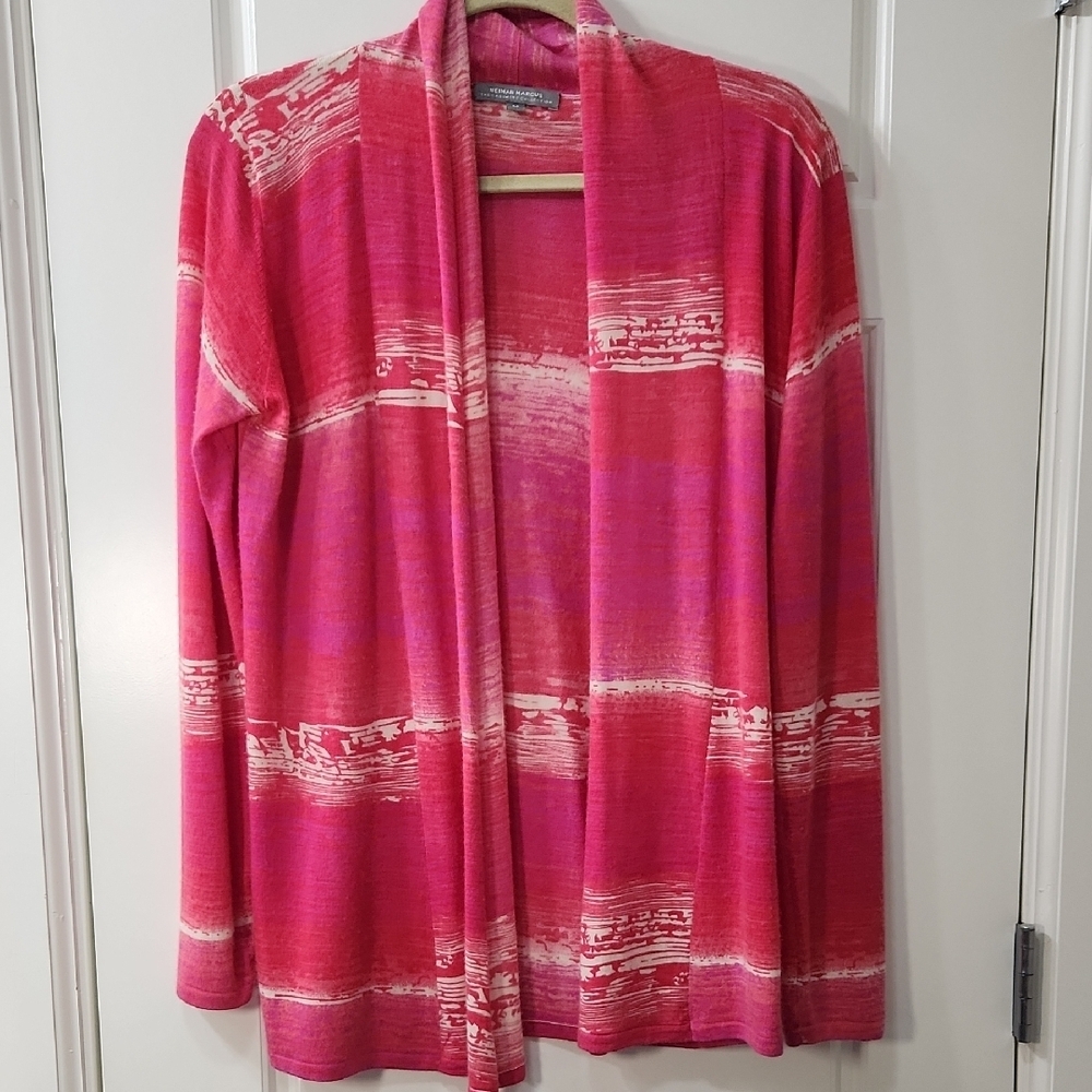 Neiman Marcus Pink and White Women's Open Front Cashmere Cardigan - Medium